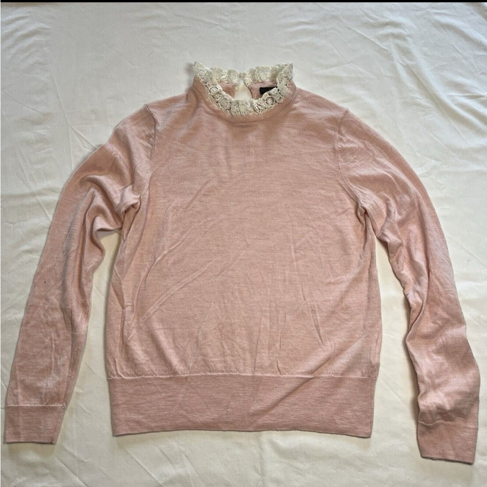 J. Crew Pink Tippi Neck Sweater with Lace Trim 100% Merino Wool